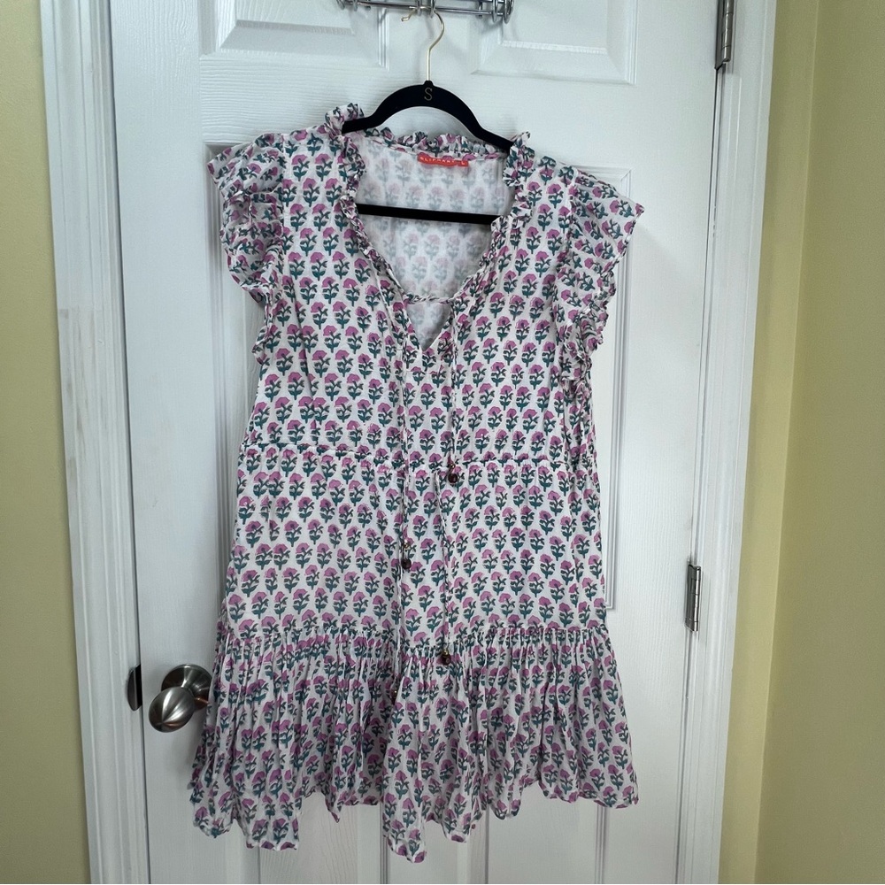 Oliphant Block Print Floral Flutter Sleeve Mini Dress Romantic Boho Size Large